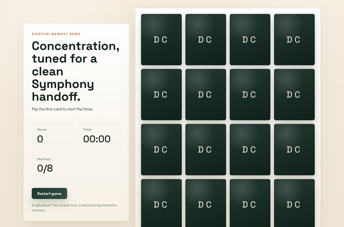 Desktop screenshot of the Concentration game showing the status panel, counters, restart button, and a face-down board.