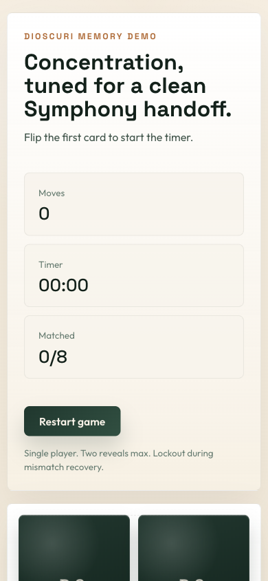 Mobile screenshot of the Concentration game showing the responsive status panel and the first row of cards.